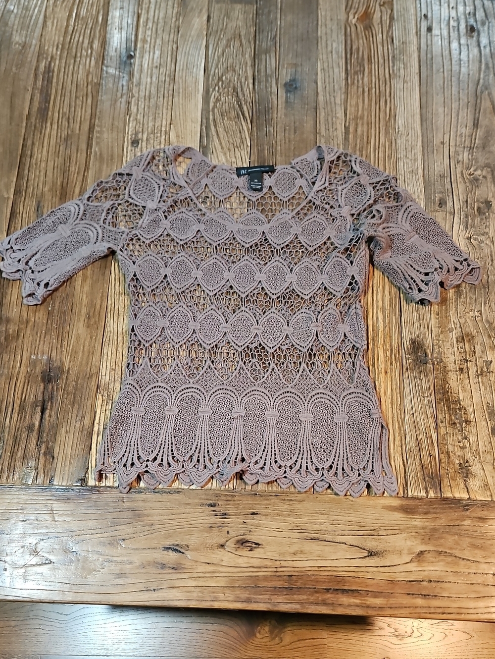 INC International Concepts XS Crochet Lace Short Sleeve Top in Taupe